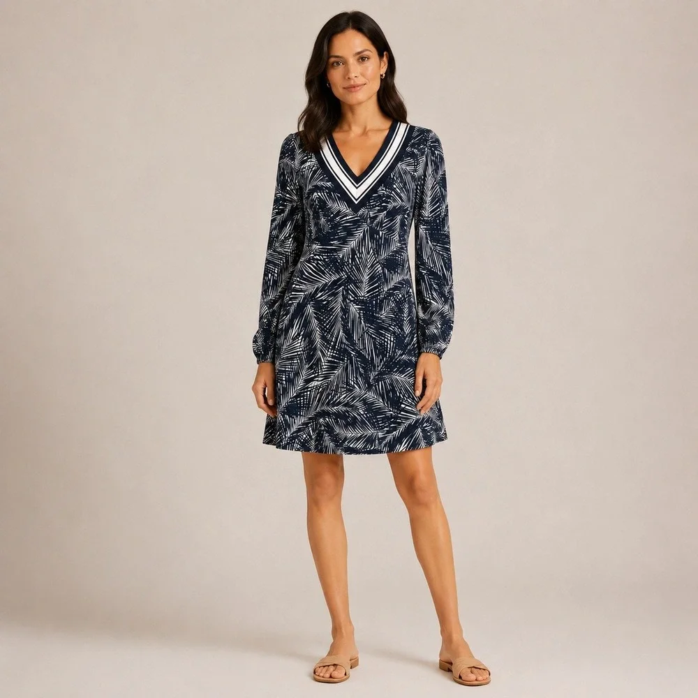 Michael Kors Palm Print Dress Womens S Navy White Long Sleeve Resort Tropical